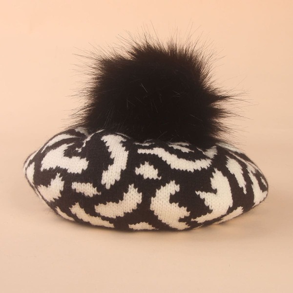 

Girls Pom Pom Decor Beret, Black and white