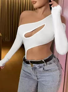 SHEIN SXY 不對稱領鏤空連身背心 - 白色 - 查看 1