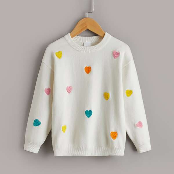 

Toddler Girls Heart Pattern Drop Shoulder Sweater, White