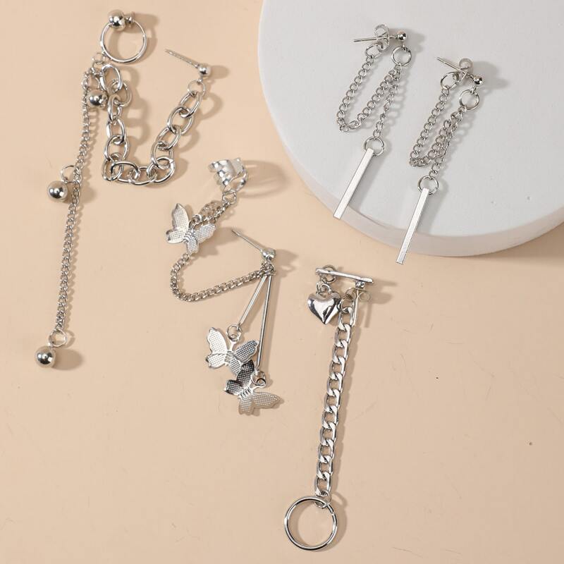 

5pcs Chain Design Earrings, Silver
