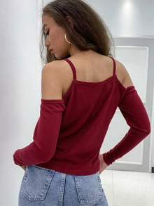 AAmilife Áo thun nữ Lộ Lưng Cắt ra màu trơn Giải trí - Màu Đỏ Sâu - Xem 2