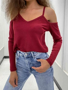 AAmilife Áo thun nữ Lộ Lưng Cắt ra màu trơn Giải trí - Màu Đỏ Sâu - Xem 4