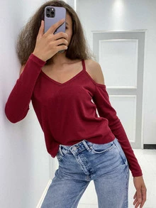 AAmilife Áo thun nữ Lộ Lưng Cắt ra màu trơn Giải trí - Màu Đỏ Sâu - Xem 3