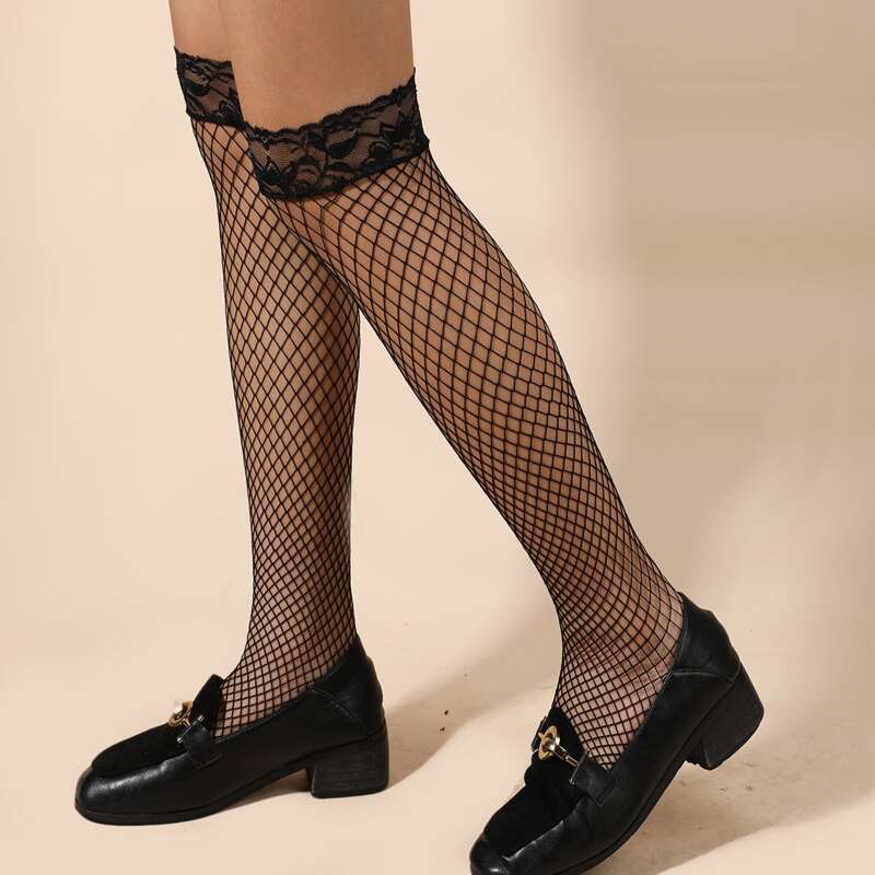 

Contrast Lace Over The Knee Fishnet Socks, Black
