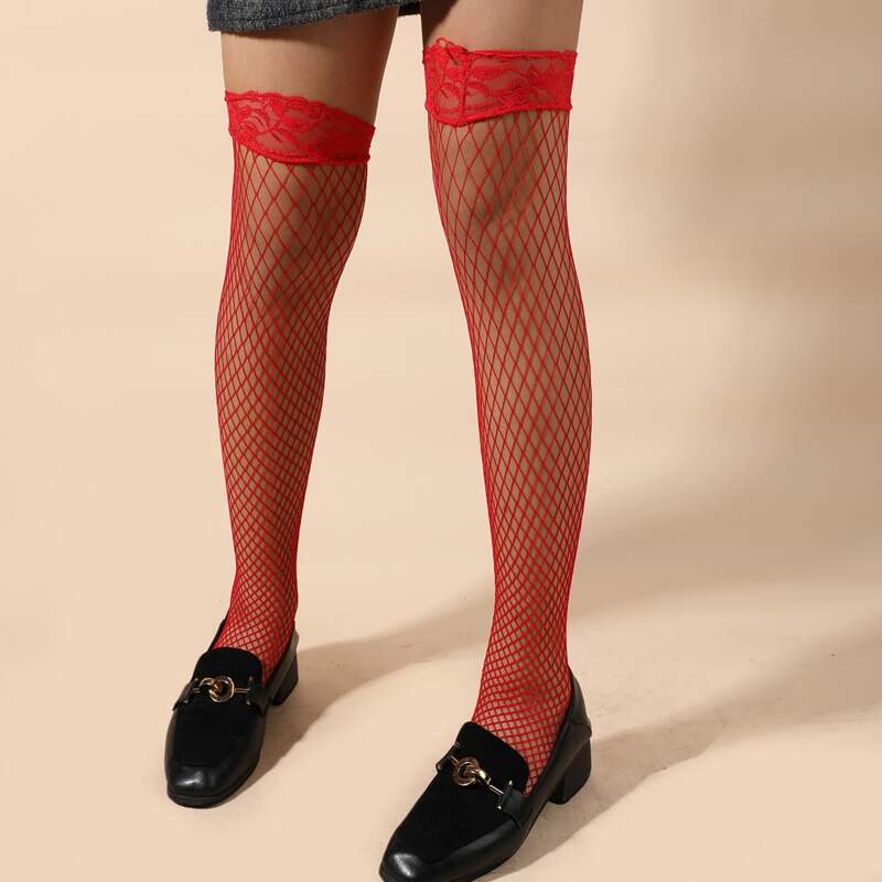 

Contrast Lace Over The Knee Fishnet Socks, Red