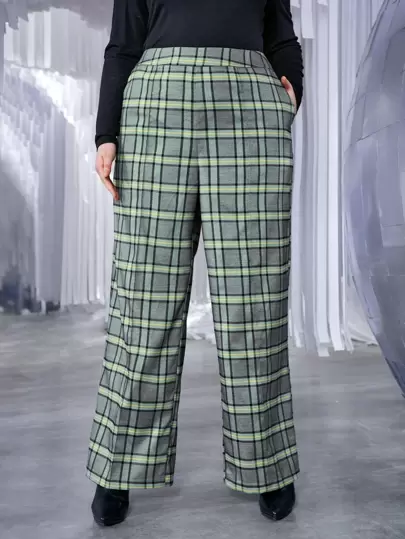 SHEIN Unity Plus Plaid Print Wide Leg Pants