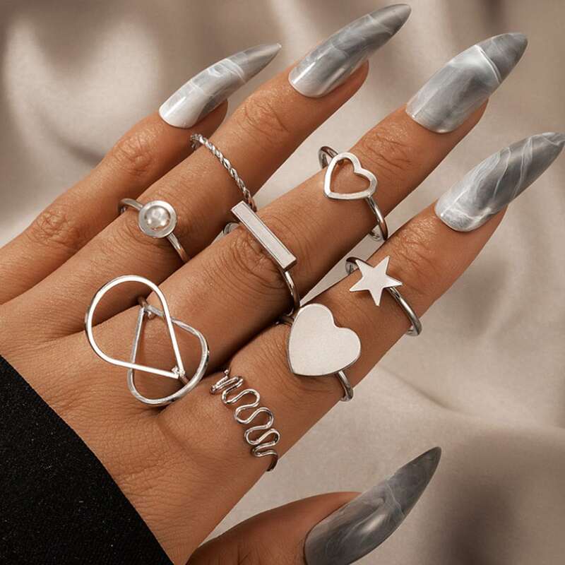 

8pcs Heart Decor Ring, Silver