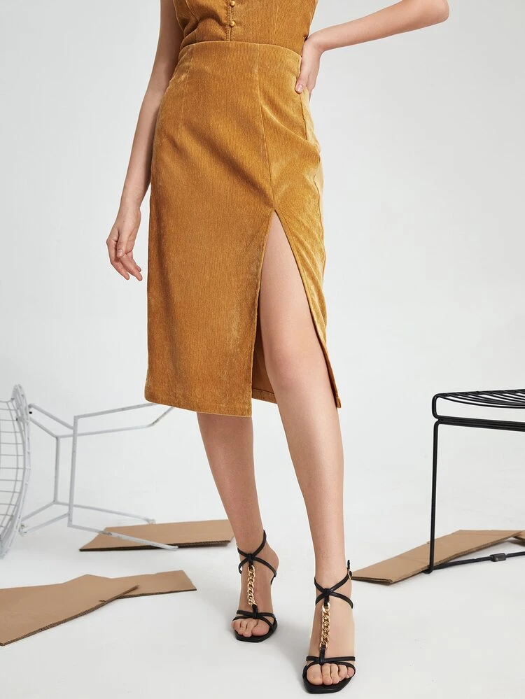Solid High Waist Corduroy Slit Skirt