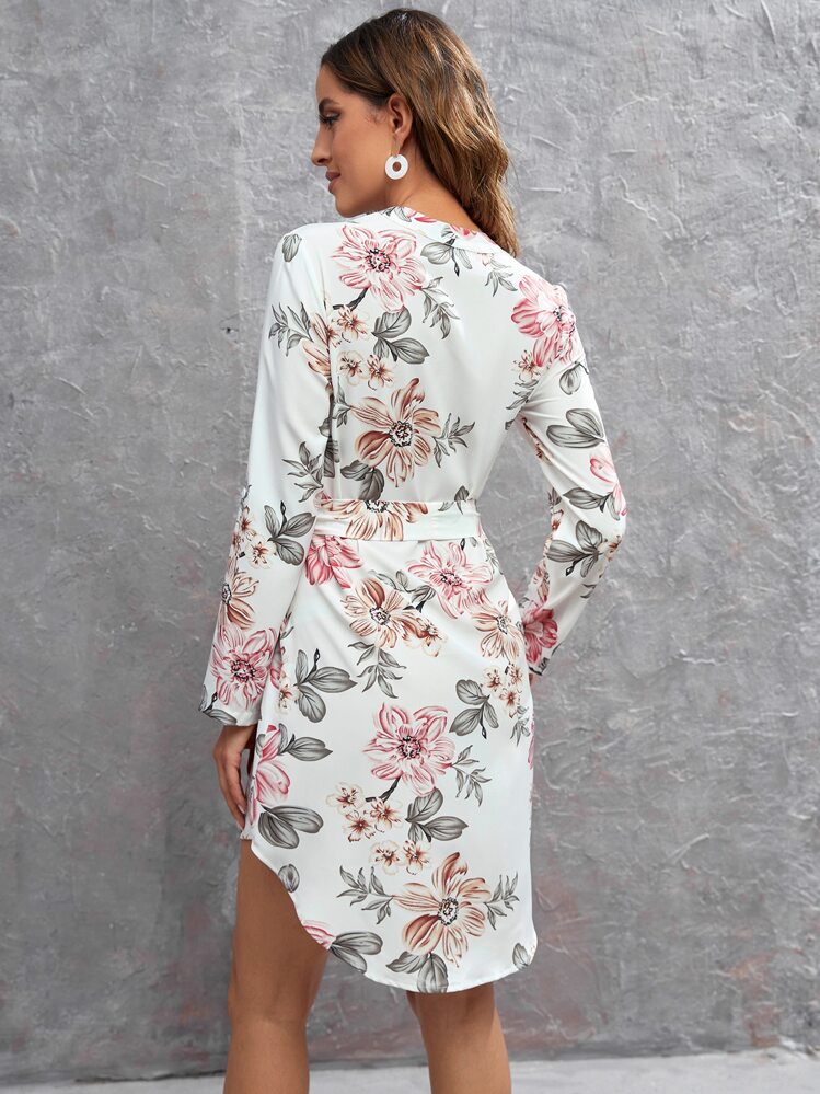 SHEIN Clasi Floral Print Roll Tab Sleeve Belted Dress - Multicolor - View 2