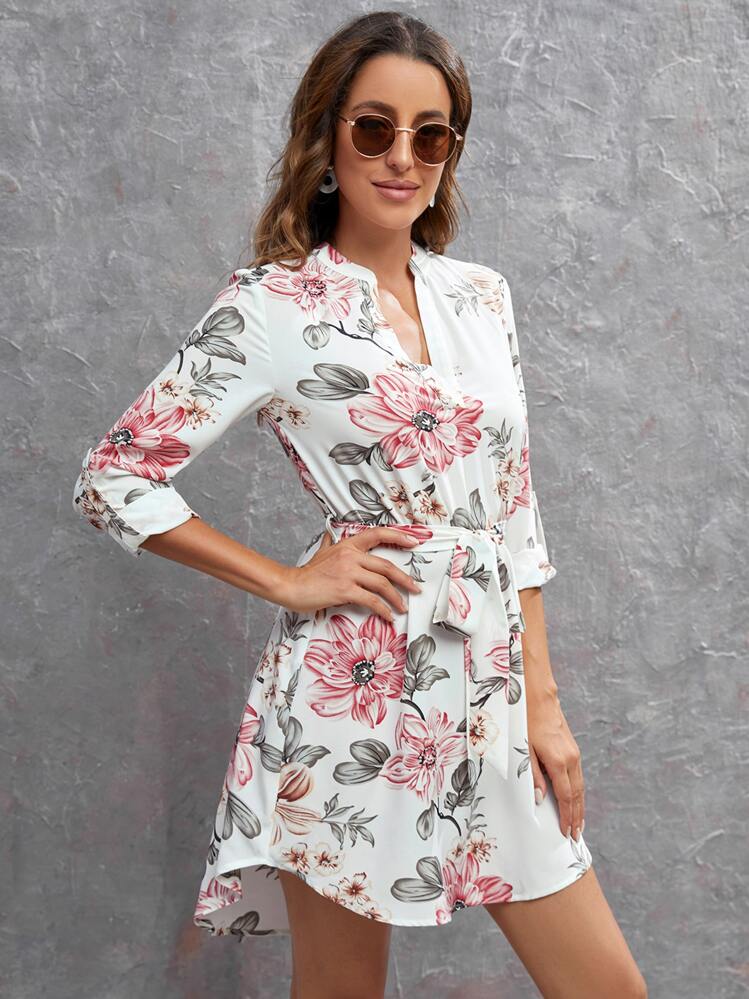 SHEIN Clasi Floral Print Roll Tab Sleeve Belted Dress - Multicolor - View 3