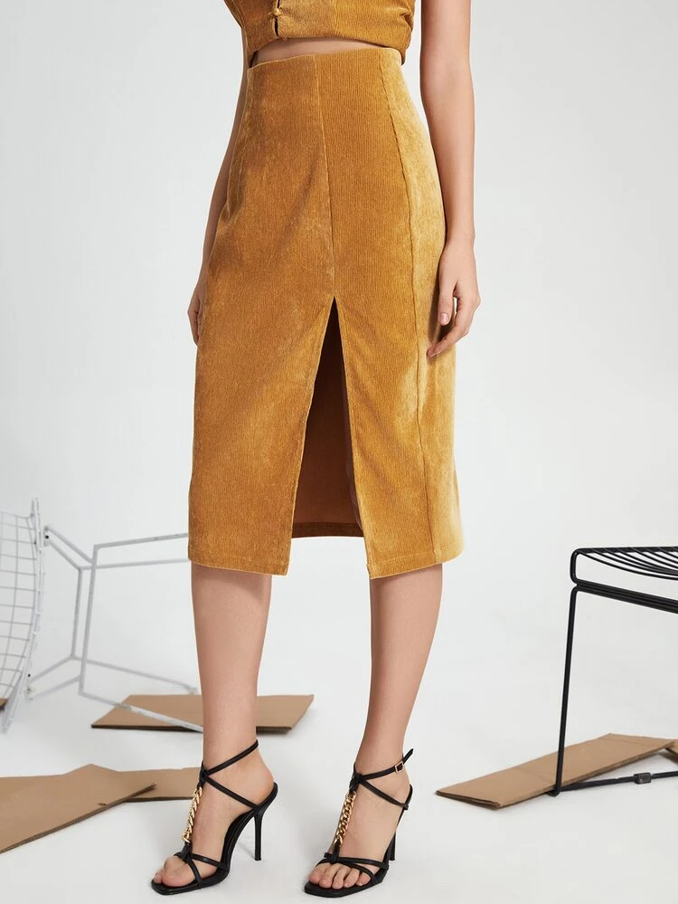 Solid High Waist Corduroy Slit Skirt