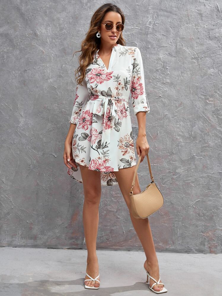 SHEIN Clasi Floral Print Roll Tab Sleeve Belted Dress - Multicolor - View 5
