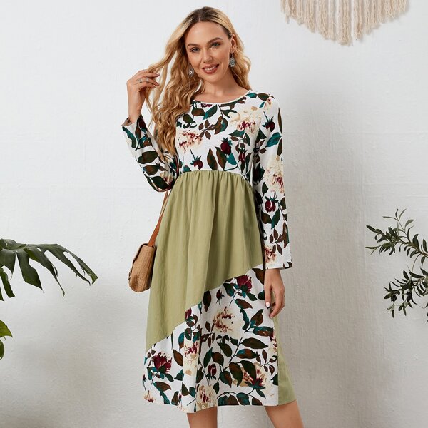 

Floral Print Colorblock Dress, Multicolor