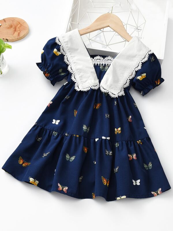 SHEIN Vestido con estampado de mariposa, mangas abullonadas y volantes en el bajo para niña, ideal para vacaciones, verano y viajes