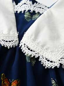 SHEIN Young Girl Butterfly Print Puff Sleeve Ruffle Hem Dress,Holiday,Summer,Travel - Royal Blue - View 3
