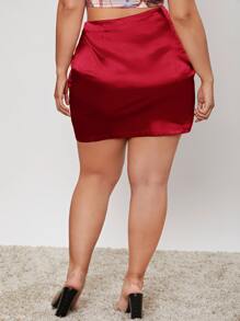 SHEIN BAE Plus Split Hem Satin Skirt - Burgundy - View 2