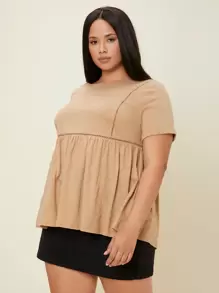 SHEIN 大碼蕾絲花邊素色荷葉邊下擺T恤 - 卡其色 - 查看 3