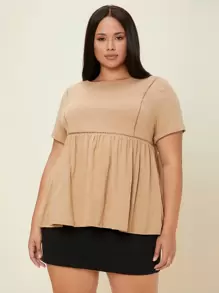 SHEIN 大碼蕾絲花邊素色荷葉邊下擺T恤 - 卡其色 - 查看 4