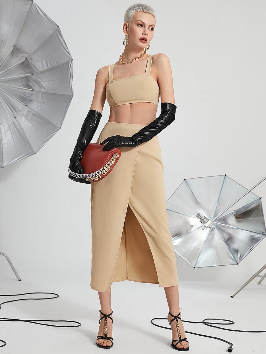 SHEIN Unity Crop Cami Top & Wrap Hem Straight Skirt - Khaki - View 1