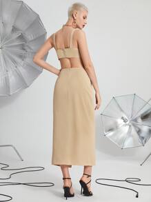 SHEIN Unity Crop Cami Top & Wrap Hem Straight Skirt - Khaki - View 2