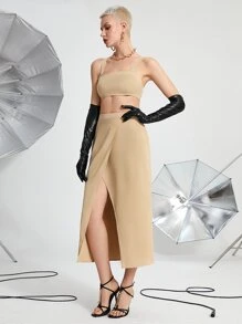 SHEIN Unity Crop Cami Top & Wrap Hem Straight Skirt - Khaki - View 3