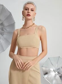 SHEIN Unity Crop Cami Top & Wrap Hem Straight Skirt - Khaki - View 4