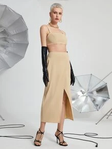SHEIN Unity Crop Cami Top & Wrap Hem Straight Skirt - Khaki - View 5