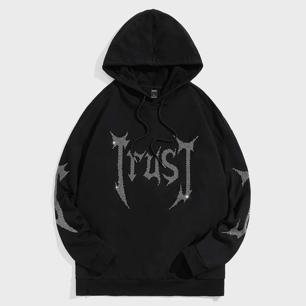 

Men Rhinestone Letter Pattern Drawstring Hoodie, Black