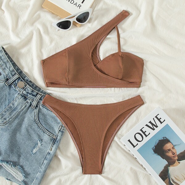 

Plain Ribbed Cut-out One Shoulder Bikini Swimsuit, Brown