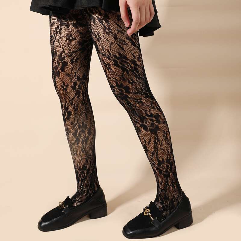 

Floral Print Tights, Black