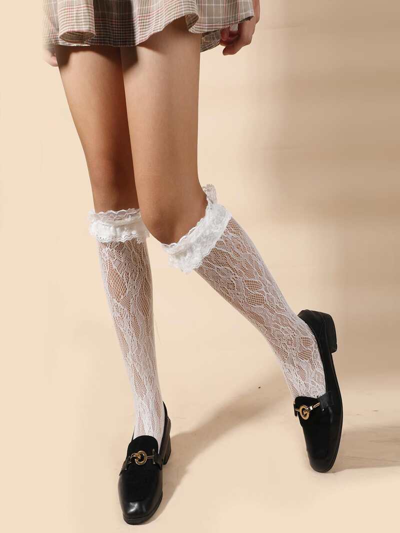 

Lace Ruffle Over The Calf Socks, White