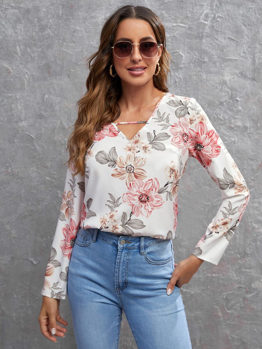 SHEIN Clasi Blusa con estampado floral con abertura delantera - Multicolor - Ver 1