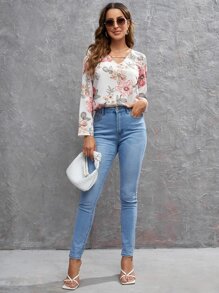 SHEIN Clasi Blusa con estampado floral con abertura delantera - Multicolor - Ver 3
