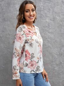 SHEIN Clasi Blusa con estampado floral con abertura delantera - Multicolor - Ver 4