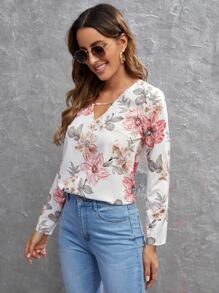 SHEIN Clasi Blusa con estampado floral con abertura delantera - Multicolor - Ver 5