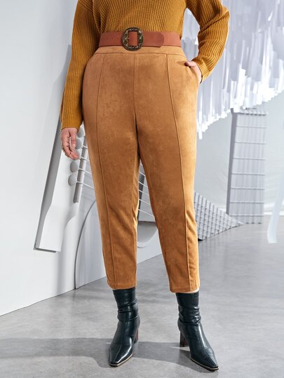 SHEIN Privé Plus Seam Front High Waist Suedette Pants Without Belt