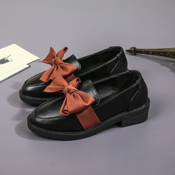 

Girls Bow Decor Flat Loafers, Black