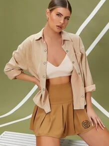 SHEIN Áo sơ mi Túi vá Nút ấn Mặt trước Cord - Màu Khaki - Xem 1