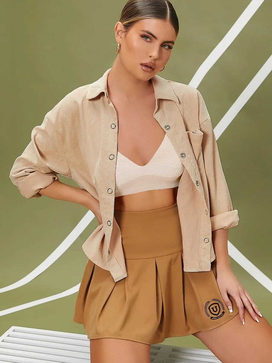 SHEIN Áo sơ mi Túi vá Nút ấn Mặt trước Cord - Màu Khaki - Xem 1