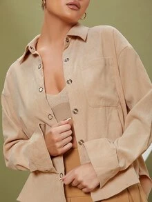 SHEIN Áo sơ mi Túi vá Nút ấn Mặt trước Cord - Màu Khaki - Xem 2