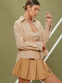 SHEIN Áo sơ mi Túi vá Nút ấn Mặt trước Cord - Màu Khaki - Xem 3