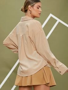 SHEIN Áo sơ mi Túi vá Nút ấn Mặt trước Cord - Màu Khaki - Xem 4