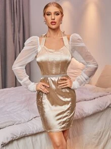 Modelyn Đầm Tương phản Mesh Buộc lại Khối Màu Hấp dẫn - Rượu sâm banh - Xem 1