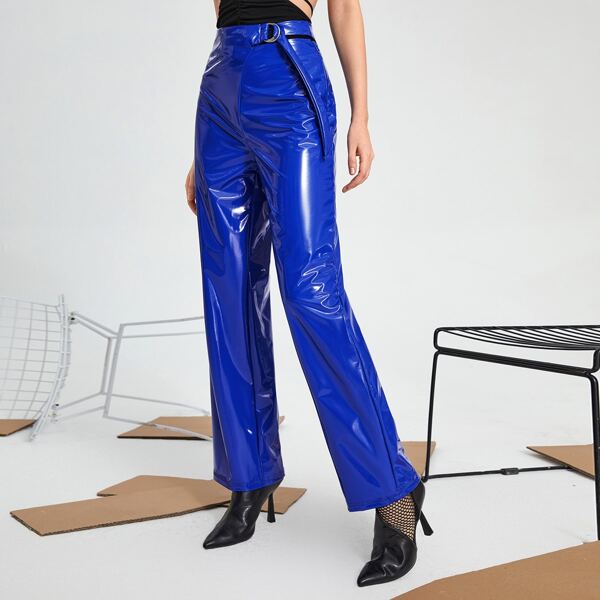 

Solid High Waist Buckled PU Leather Pants, Royal blue