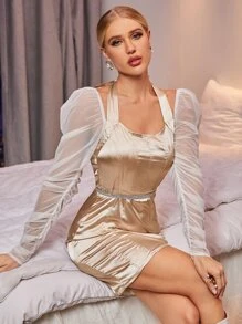 Modelyn Đầm Tương phản Mesh Buộc lại Khối Màu Hấp dẫn - Rượu sâm banh - Xem 5