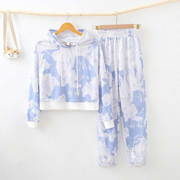 

Allover Print Drawstring 1pc Hoodie With 1pc Sweatpants, Blue and white