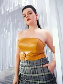 SHEIN ICON Plus Ring Linked PU Leather Tube Top - Mustard Yellow - View 3