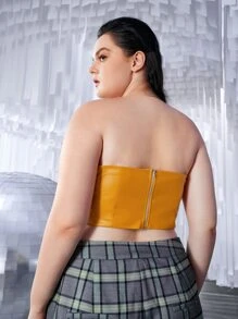 SHEIN ICON Plus Ring Linked PU Leather Tube Top - Mustard Yellow - View 4