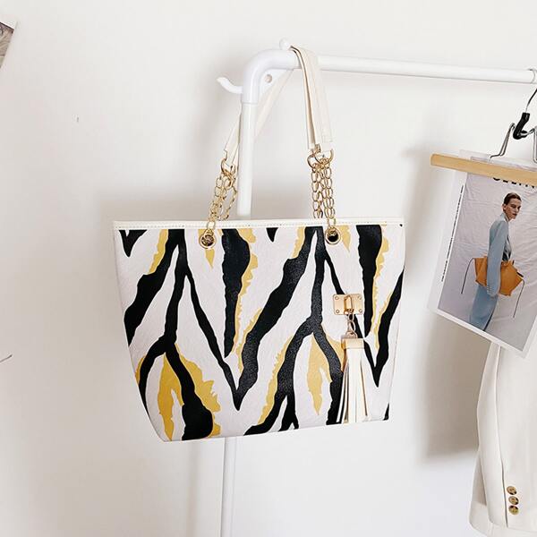 

Tassel Decor Colorblock Striped Pattern Tote Bag, Black and white