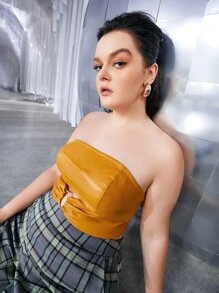 SHEIN ICON Plus Ring Linked PU Leather Tube Top - Mustard Yellow - View 8